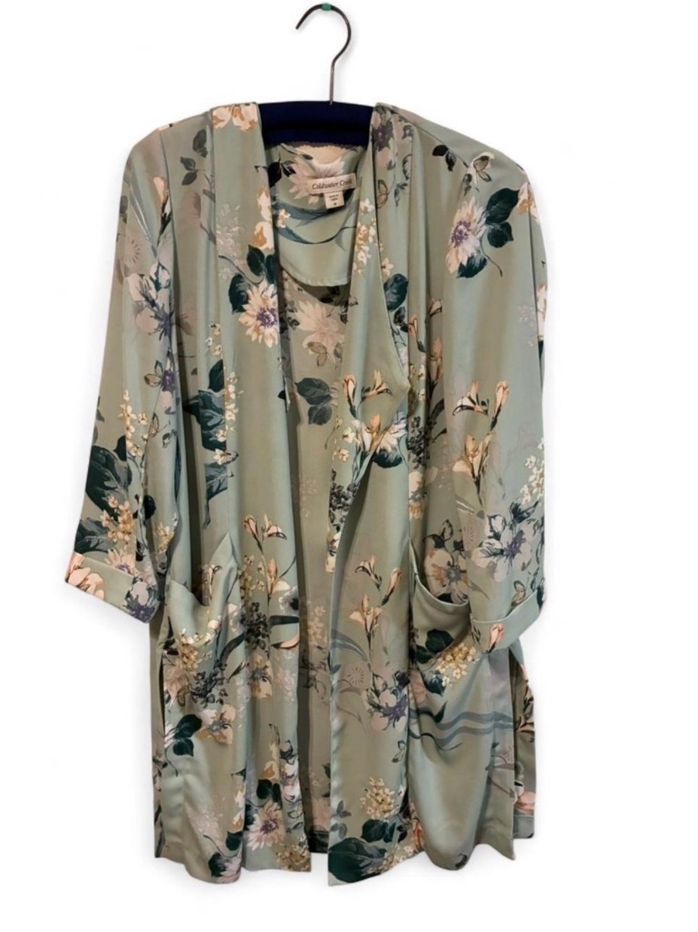 Coldwater Creek Sage Floral Satin-Like Kimono - M
